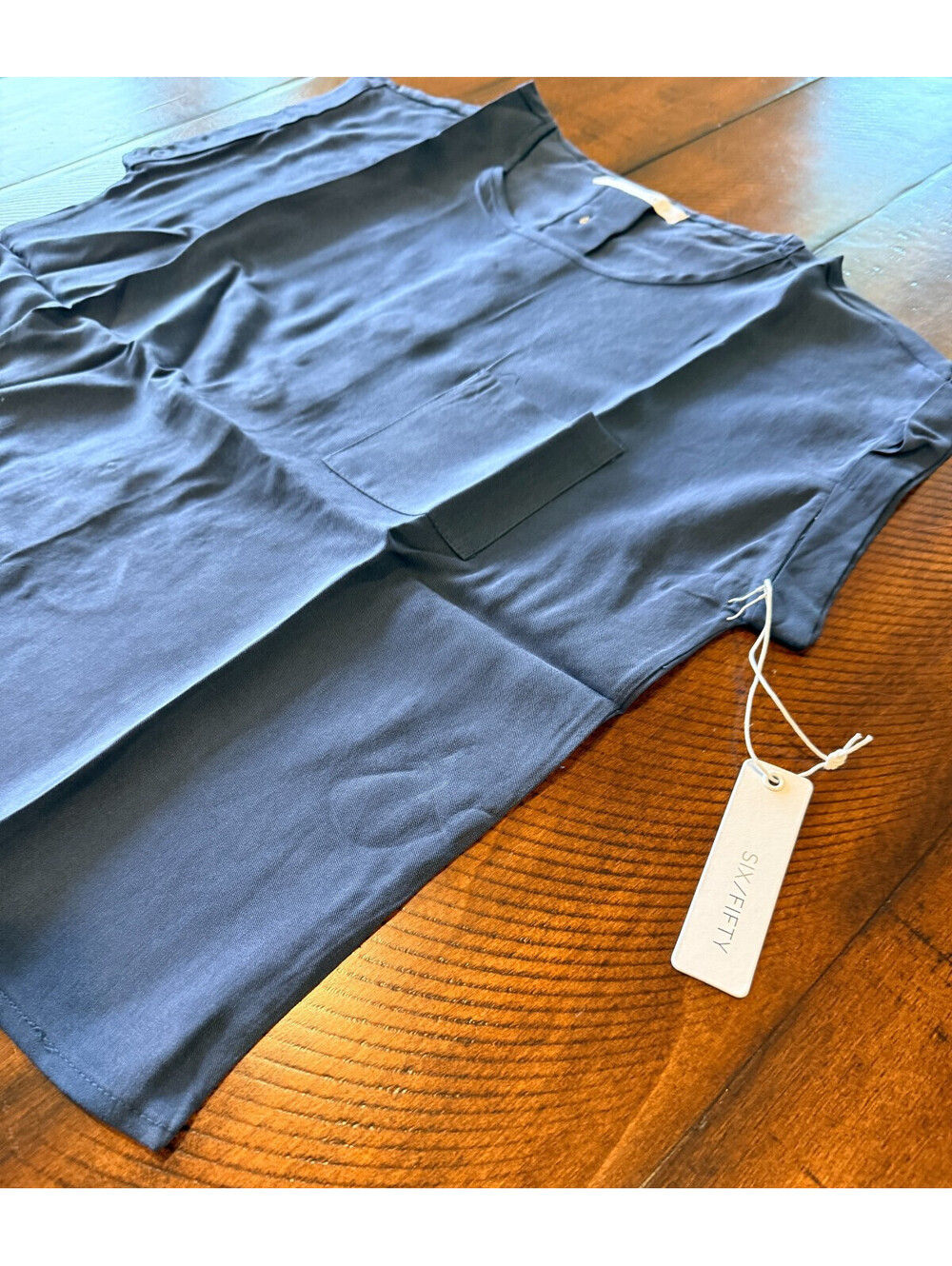 Six Fifty Kaitlin Top Large Navy Lyocell Button Back Pocket Blouse NWT $68